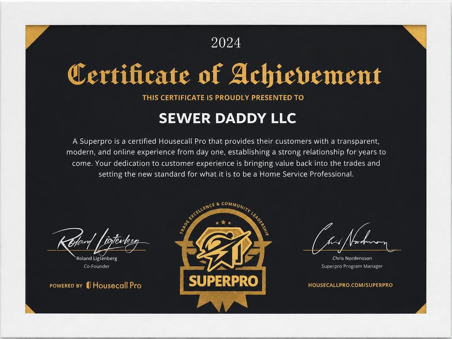 Sewer Daddy SC award certificate