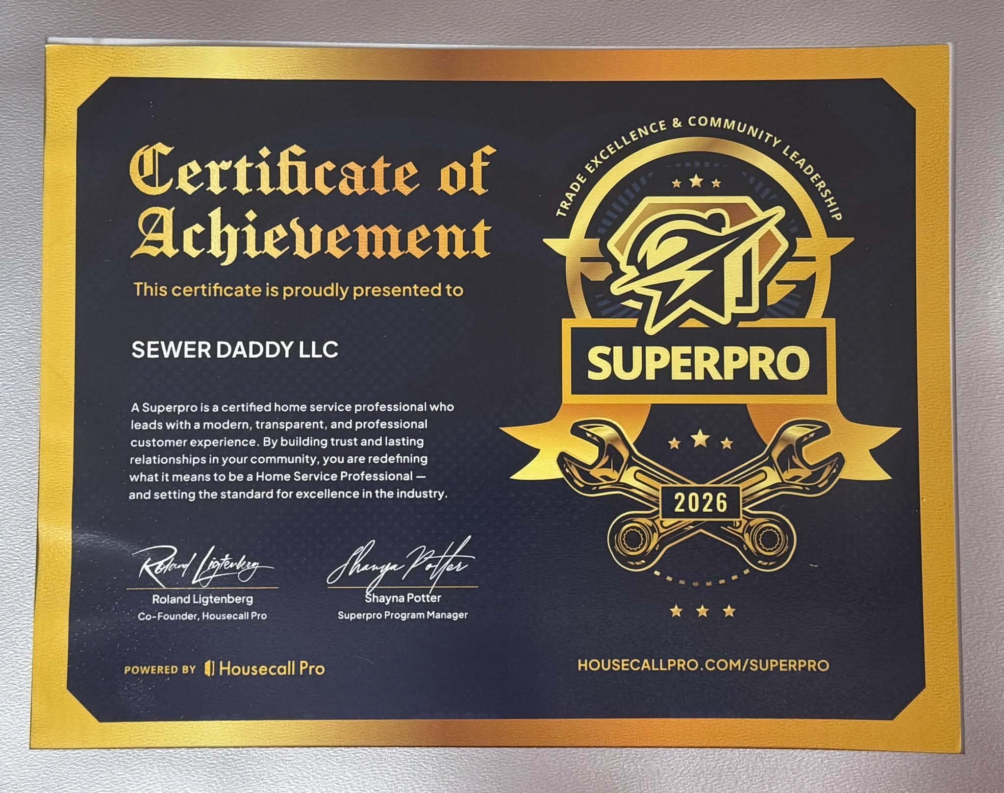 Sewer Daddy LLC Housecall Pro SuperPro Certificate of Achievement 2026
